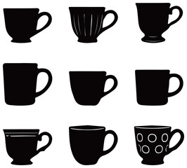 A collection of various cup silhouettes in black and white. Simple and versatile design, ideal for icons, logos, decorations, or beverage-related projects.