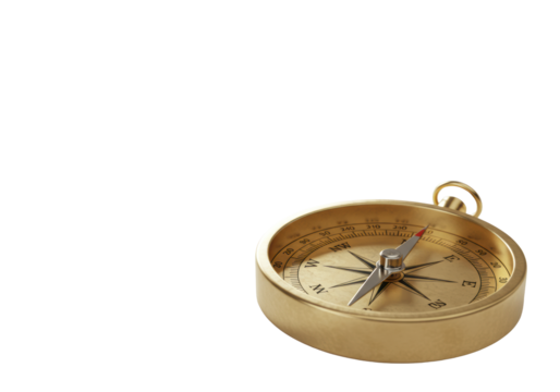 A meticulously detailed metallic compass with a warm finish and precision dial, statically on a transparent minimalist surface with soft studio lighting, concept of strategic direction and