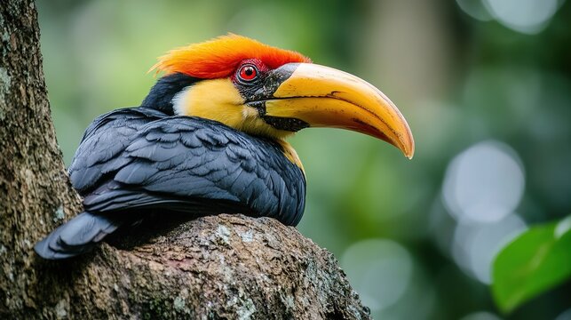 Beautiful, colorful yellow-billed and red-billed hornbill toucans perched on a branch in the tropical jungle - Powered by Adobe