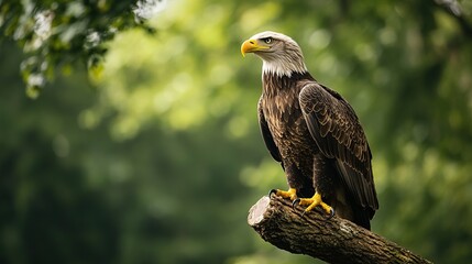 High-resolution close-up of eagle perched on tree bark