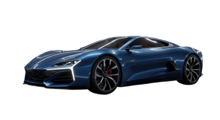 Sleek metallic blue futuristic vehicle concept with chrome accents on a reflective black studio floor, framed by abstract digital projections, embodying technological advancement