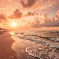 Golden sunset over a calm ocean with gentle waves washing ashore on a sandy beach.