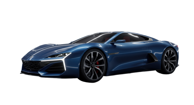 Sleek metallic blue futuristic vehicle concept with chrome accents on a reflective black studio floor, framed by abstract digital projections, embodying technological advancement