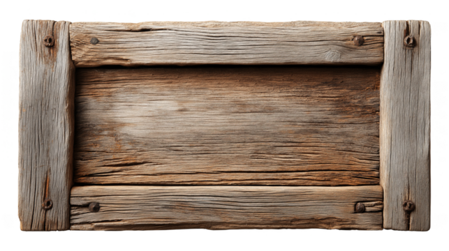 Aged weathered wooden frame with visible grain and rusty nail fasteners