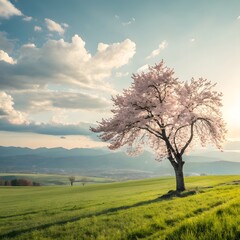 Obraz premium Lone blooming tree on a grassy hill under a dramatic sky at sunset