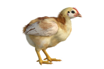 Fototapeta premium A cute, fluffy chick with light brown and white feathers stands against a transparent background. background removed