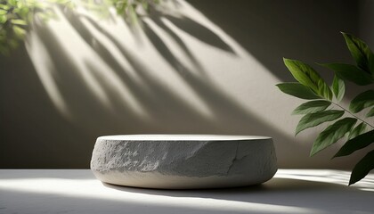 elegant product display with stone minimalistic design and natural leaf shadows