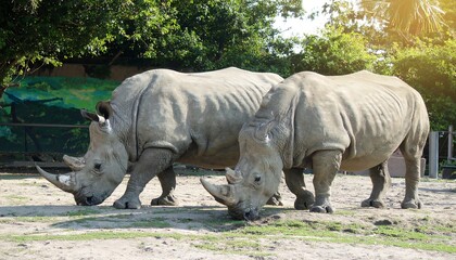 Naklejka premium Rhinos Grazing in Zoo Enclosure