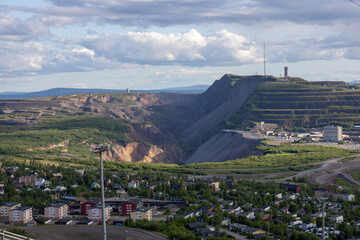 Panoramic view of central Kiruna with the LKAB mining area in the background in Norrbotten County...
