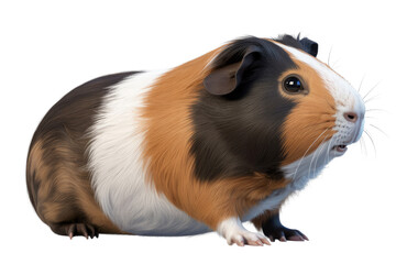 A tri-colored guinea pig, digitally rendered with realistic fur, against a transparent background. background removed