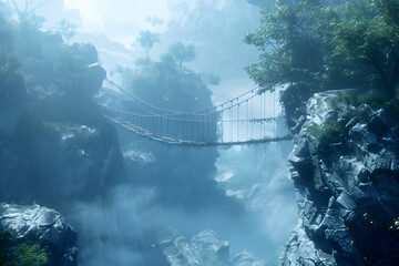 Majestic Suspension Bridge Over Misty River and Waterfall in Tropical Mountainous Forest Landscape
