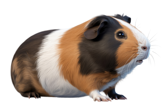 A tri-colored guinea pig, digitally rendered with realistic fur, against a transparent background. background removed