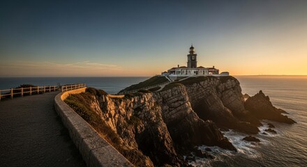 Coastal lighthouse at sunset. Dramatic cliffs meet the ocean, a paved walkway curves around the promontory