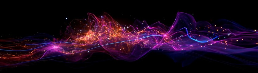 Abstract digital artwork featuring dynamic, colorful streaks and particles against a dark backdrop.