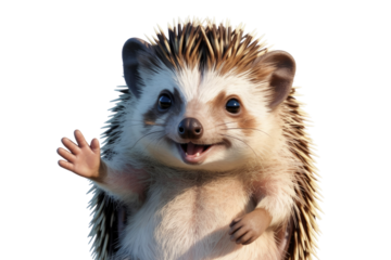 Adorable hedgehog waving hello with a cheerful smile, isolated on a transparent background. background removed