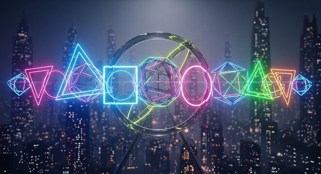 Neon Geometric Shapes Floating Above a Blurry Cityscape at Night - Powered by Adobe