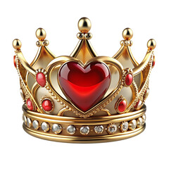 Golden crown with red heart and gems on black background
