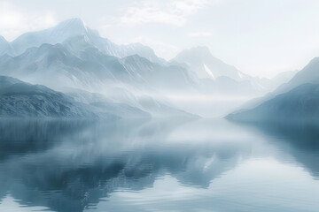 Serene Mountain Landscape with Reflective Waters and Misty Sky