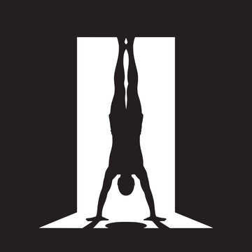 Minimalist handstand silhouette vector, athletic man performing yoga inversion in doorway, black and white fitness illustration eps