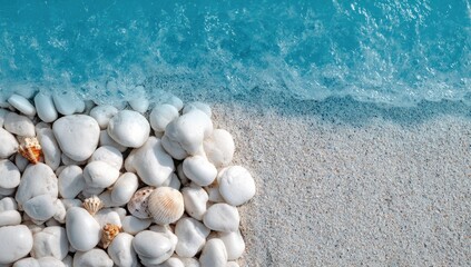 Soft wavelets of turquoise water lap a sandy shore where smooth, white stones and small shells rest