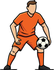 Soccer player controlling ball in orange sportswear vector illustration in active pose on white background 