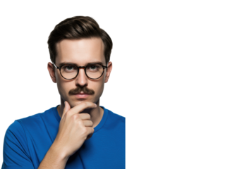 Young caucasian man, late 20s, dark hair, mustache, timeless round glasses, blue t-shirt, hand to chin, thoughtful determination, isolated on transparent, concept of strategic problem-solving