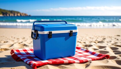 Blue cooler on a checkered picnic blanket on a beach