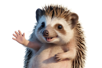 Adorable cartoon hedgehog waving hello with a happy expression, isolated on a transparent background. background removed