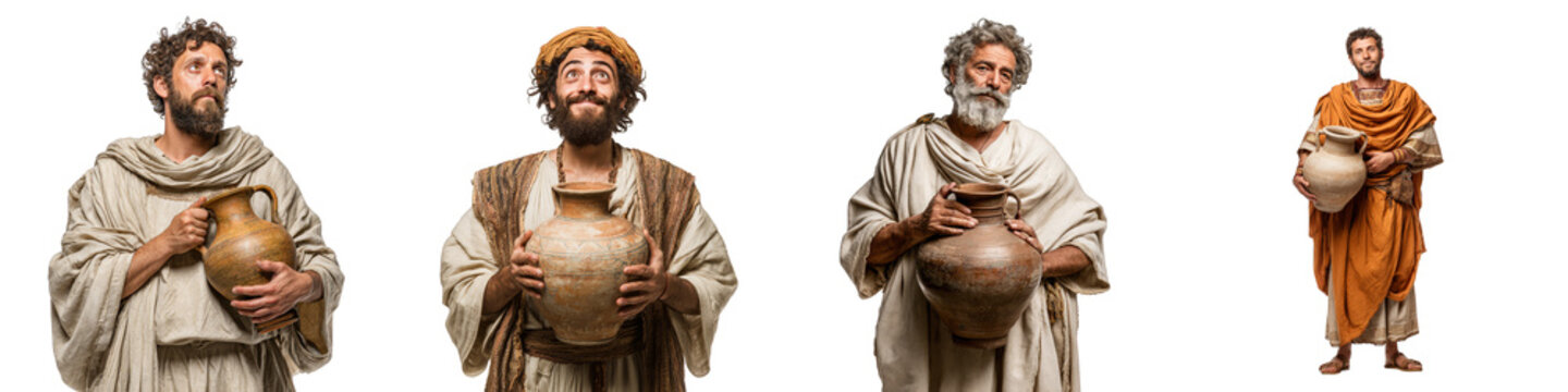 Four ancient men holding clay pots demonstrating cultural attire on transparent background