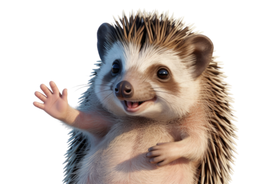 Adorable cartoon hedgehog waving hello with a happy expression, isolated on a transparent background. background removed - Powered by Adobe