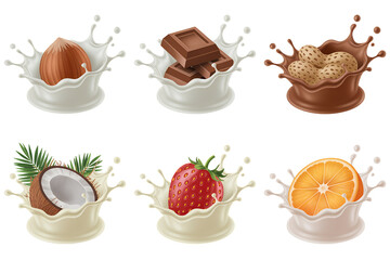 Delicious Food Items Splashing in Milk and Chocolate