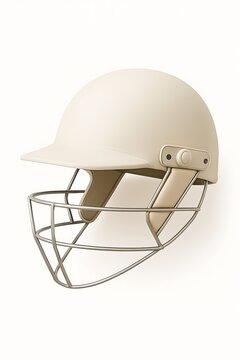 A single cricket helmet in a classic off-white color.The face grille is clean and silver. Viewed from a slight angle to show its form. Isolated on a white background, 3D render style.