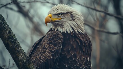 High-resolution close-up of eagle perched on tree bark