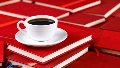 A white coffee cup sits on a saucer, resting atop a collection of red books