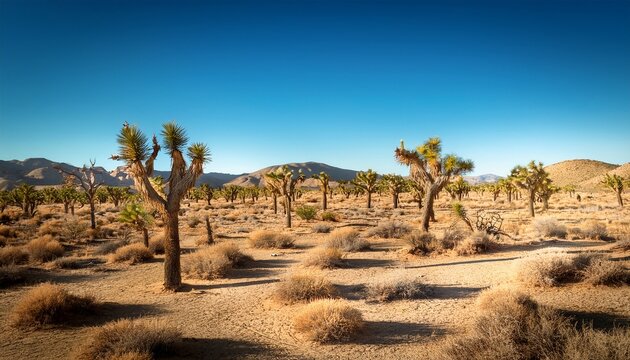 vast desert landscape with joshua trees under clear blue sky in warm sunshine