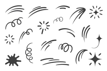 Fototapeta premium Collection of hand-drawn gray sparkles, swirls, and streaks on a transparent background. background removed