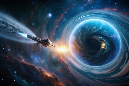 Spaceship approaches a swirling blue black hole in deep space