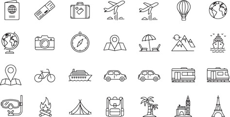 A comprehensive vector collection of minimalist travel and tourism line icons for web and mobile design concepts