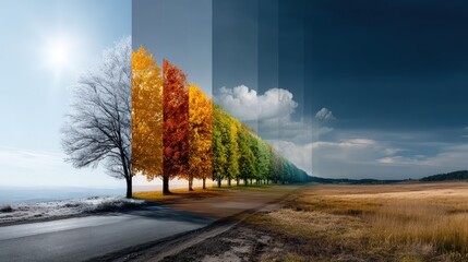 A picturesque road lined with trees showcasing the four seasons, transitioning from winter's frosted branches to summer's vibrant foliage, and culminating in the golden hues of autumn.