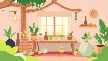 Cozy sunlit room filled with lush green plants and natural light for relaxation and wellbeing