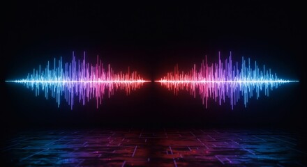 digital audio spectrum reflecting on a grid floor showing a vibrant light display and pulsing waves perfect for music production neon sound and equalizer visuals.
