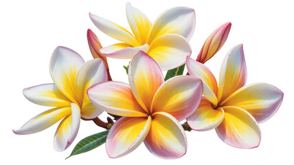 Fototapeta premium A cluster of vibrant yellow and pink Plumeria flowers with white petals, isolated on a transparent background. background removed