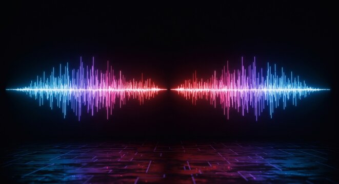 digital audio spectrum reflecting on a grid floor showing a vibrant light display and pulsing waves perfect for music production neon sound and equalizer visuals.