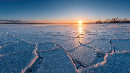 Panoramic sunset over a vast, cracked ice sheet on a frozen lake, with a clear sky and distant shoreline