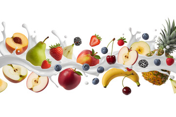 Assortment of Fresh Fruits Splashing in Creamy White Liquid