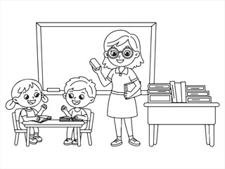 Illustration of a teacher guiding students in a classroom with a chalkboard and books.