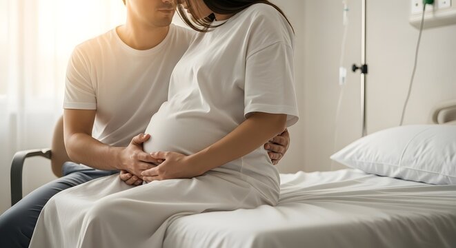Couple embracing in a hospital room, the pregnant woman holding her belly