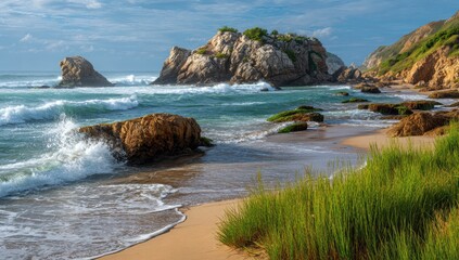 Sunlit coastal scene with crashing waves, rocky outcrops, sandy beach, and verdant grasses at the shore