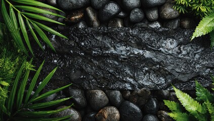 Dark, wet, flat river rock flanked by lush green tropical foliage and smooth, dark stones