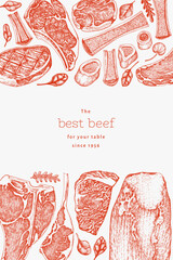 Butchery Shop Design Template. Vector Hand Drawn Meat Banner. Vintage Style Bar B Q Menu Illustration.